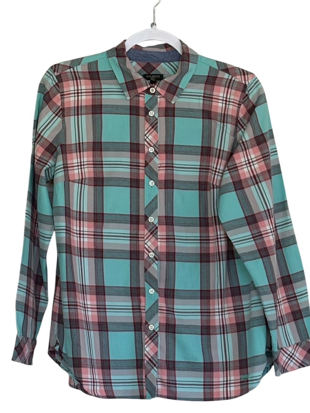 Talbots Teal and Pink Plaid Button-Down Shirt Size L (P)